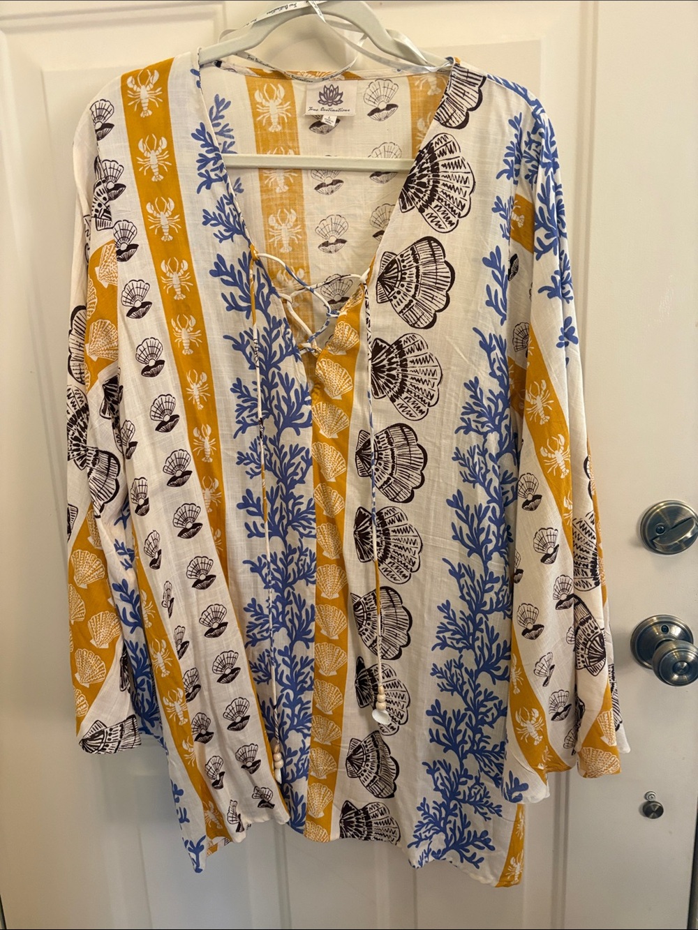 Free Destination resort wear Boho Shell-Print Lace-Up Tunic Top - Yellow & Blue